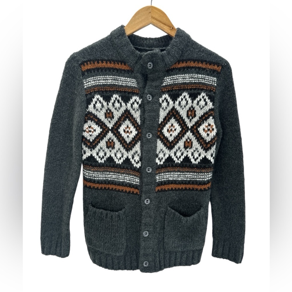 Gymboree Boys Fair Isle Cardigan Sweater Gray Button Knit Pockets Winter Cozy XL